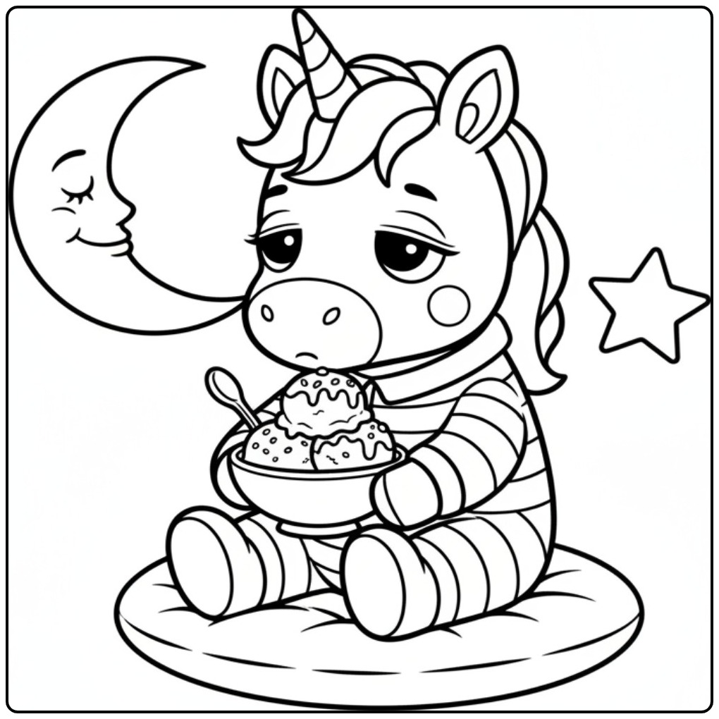 Adorable coloriage glace licorne triste avec lune rêveuse.
