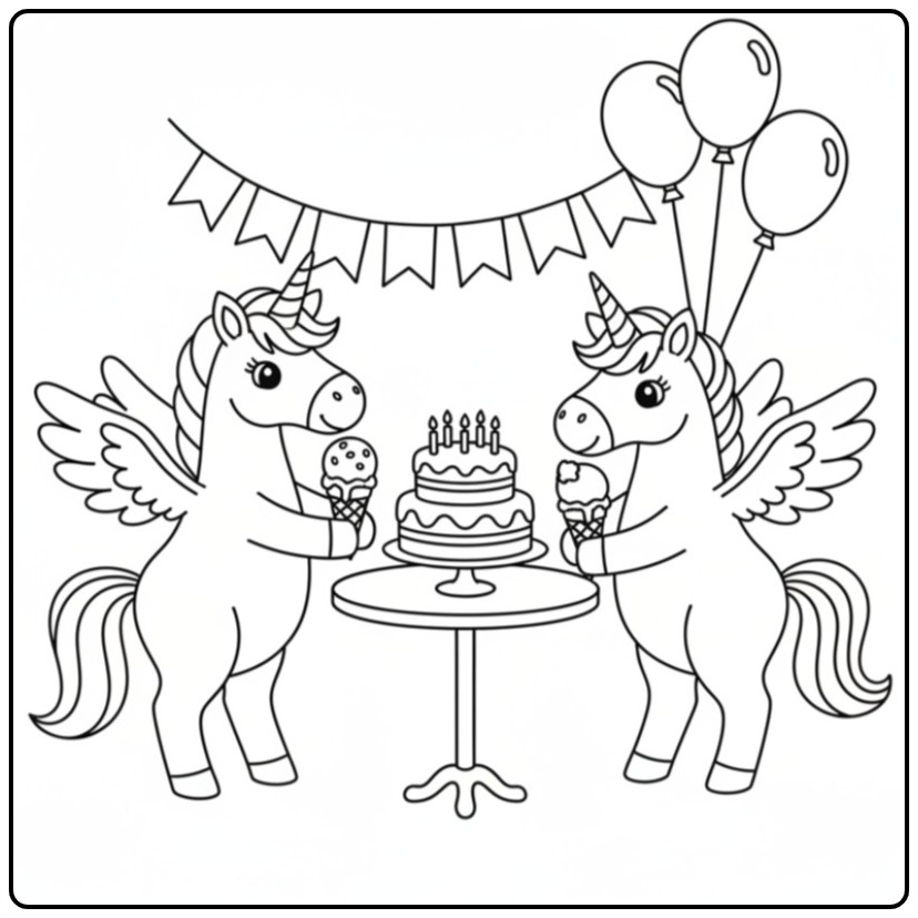 Amusant coloriage glace licorne avec des ballons et un gâteau.