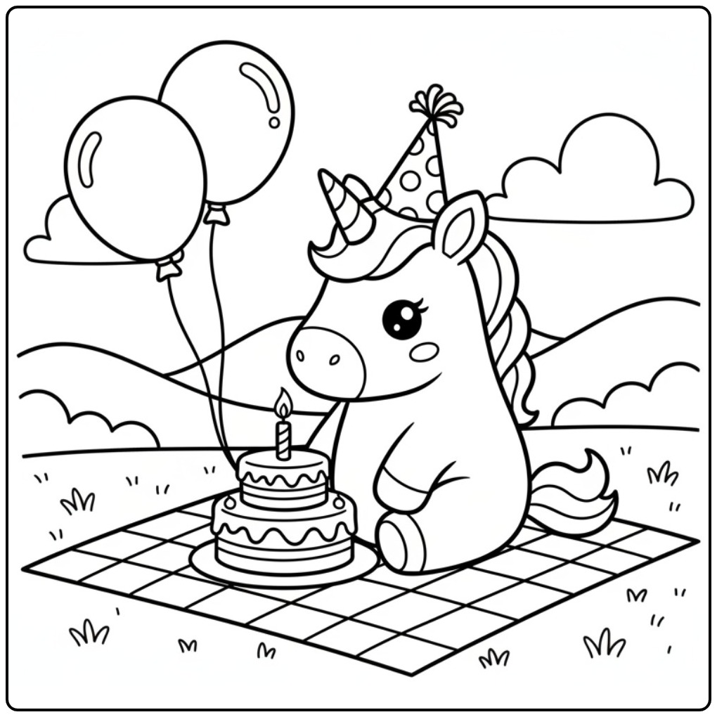 Coloriage licorne anniversaire avec gâteau et ballons festifs.