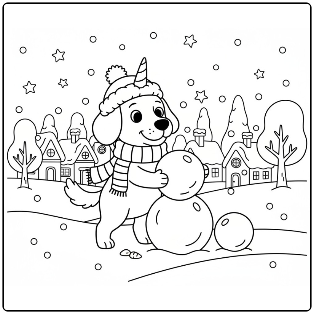coloriage chien licorne faisant un bonhomme de neige hivernal