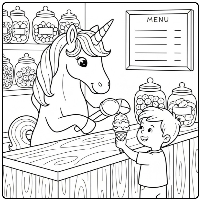 Un licorne vend glace. Coloriage glace licorne magique et fun !