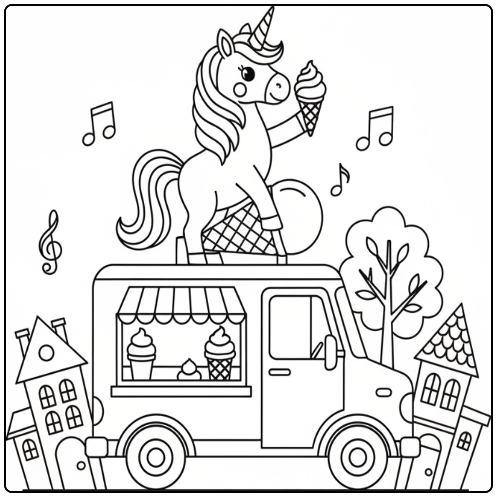 Dessin licorne gourmande. Coloriage glace licorne amusant.
