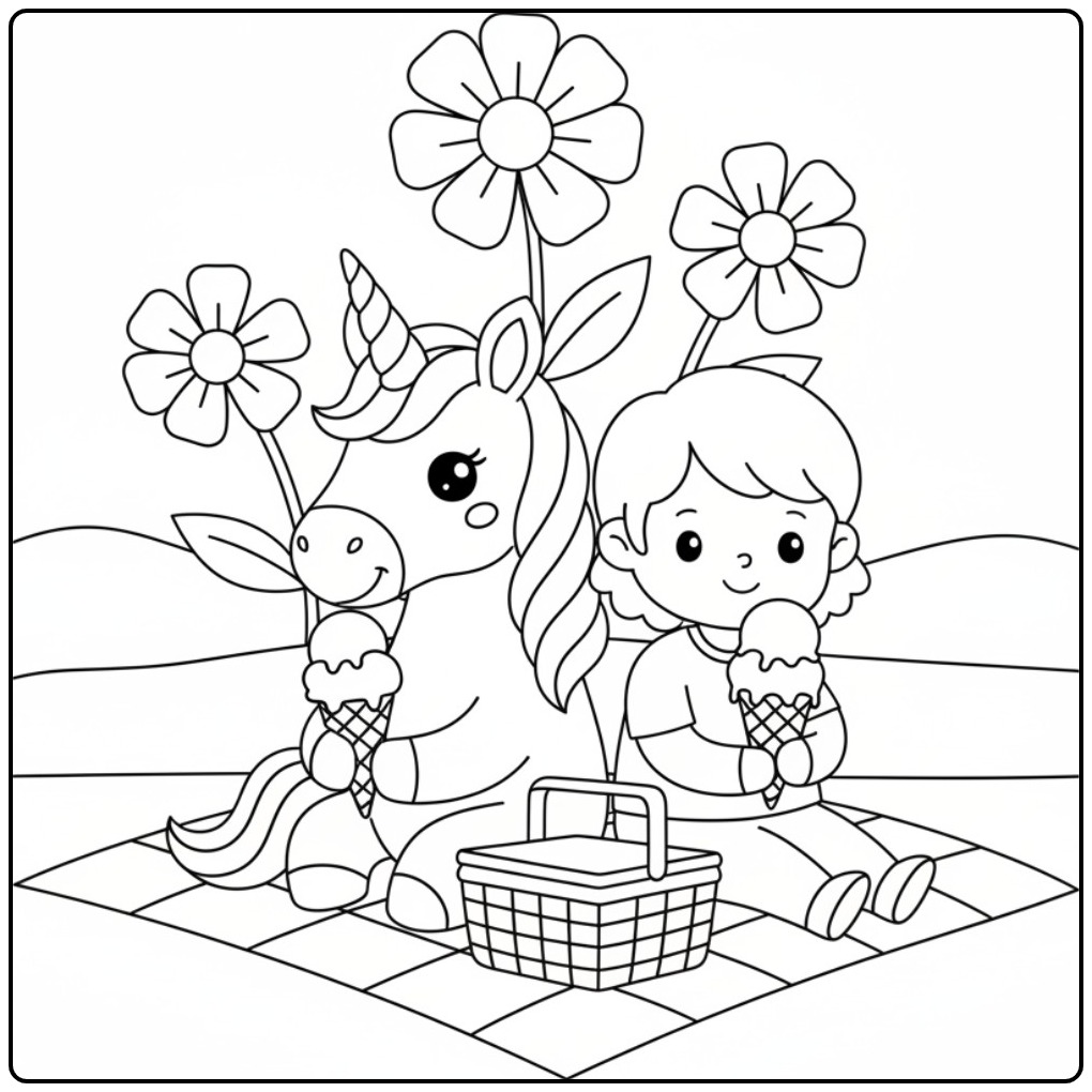 Amusant coloriage glace licorne et enfant. Jolie scène dessinée.