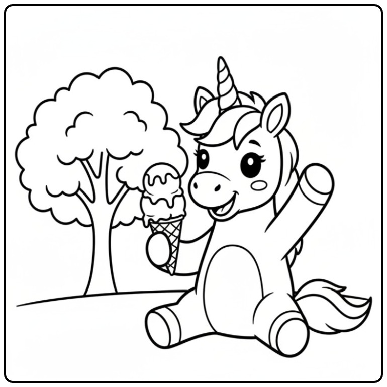 Image coloriage glace licorne assise près arbre. Amusez-vous!
