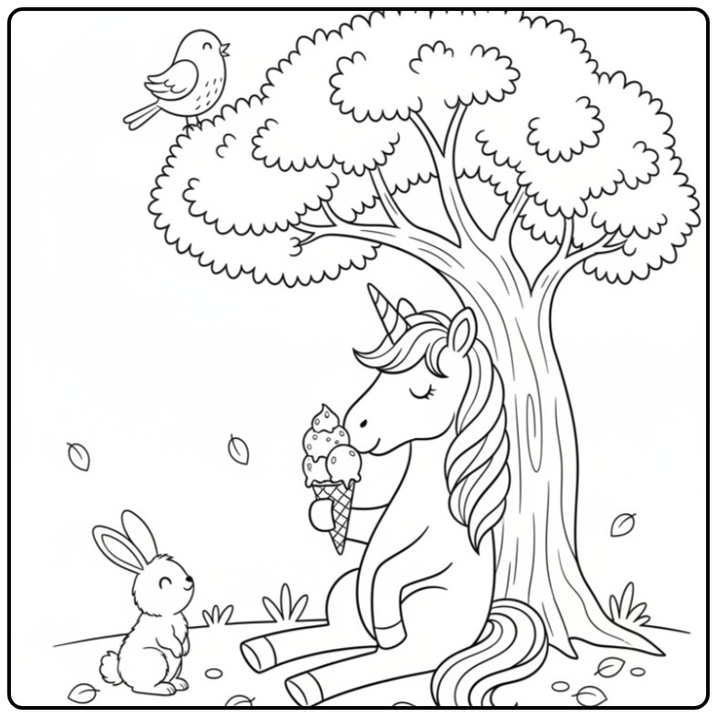 Image de coloriage glace licorne joyeuse avec un lapin ami.