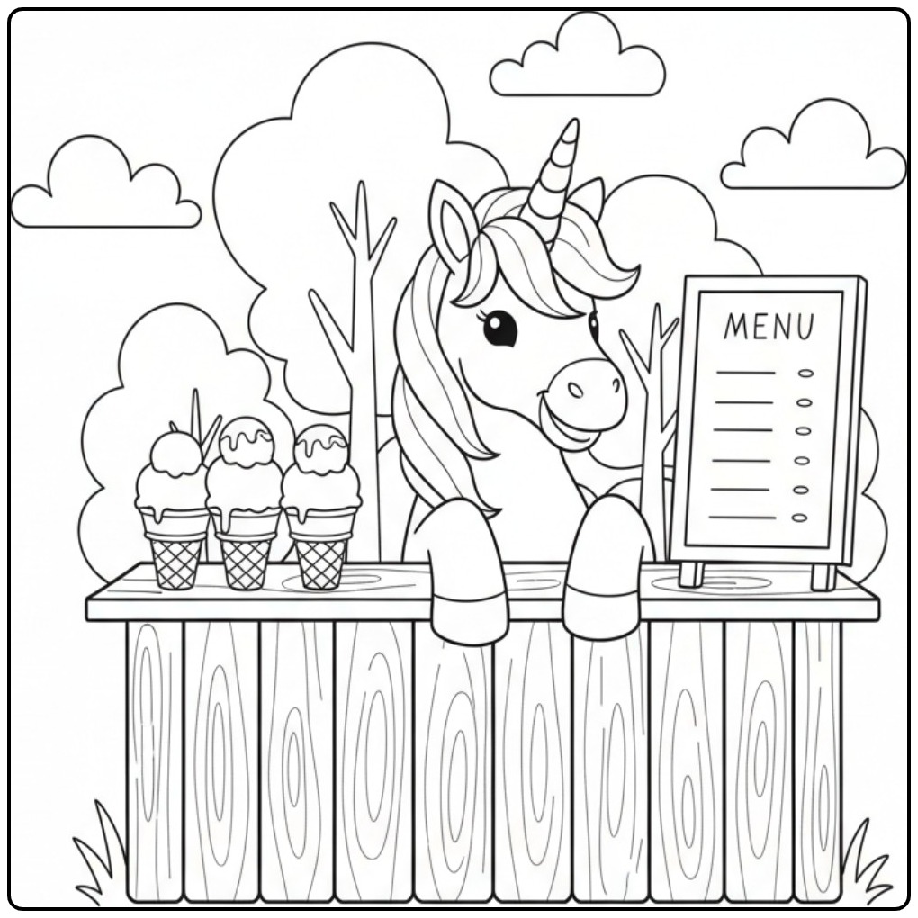 Image de coloriage glace licorne amusante et adorable.