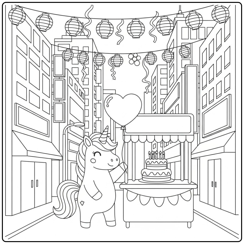 Un coloriage licorne anniversaire, joyeuse en ville avec un gâteau.