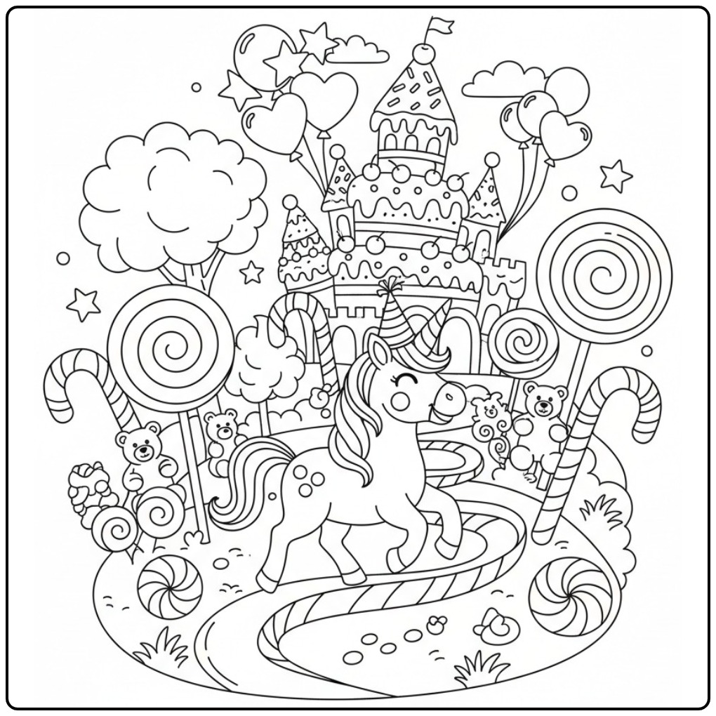 Coloriage licorne anniversaire joyeuse dans un monde sucré festif.