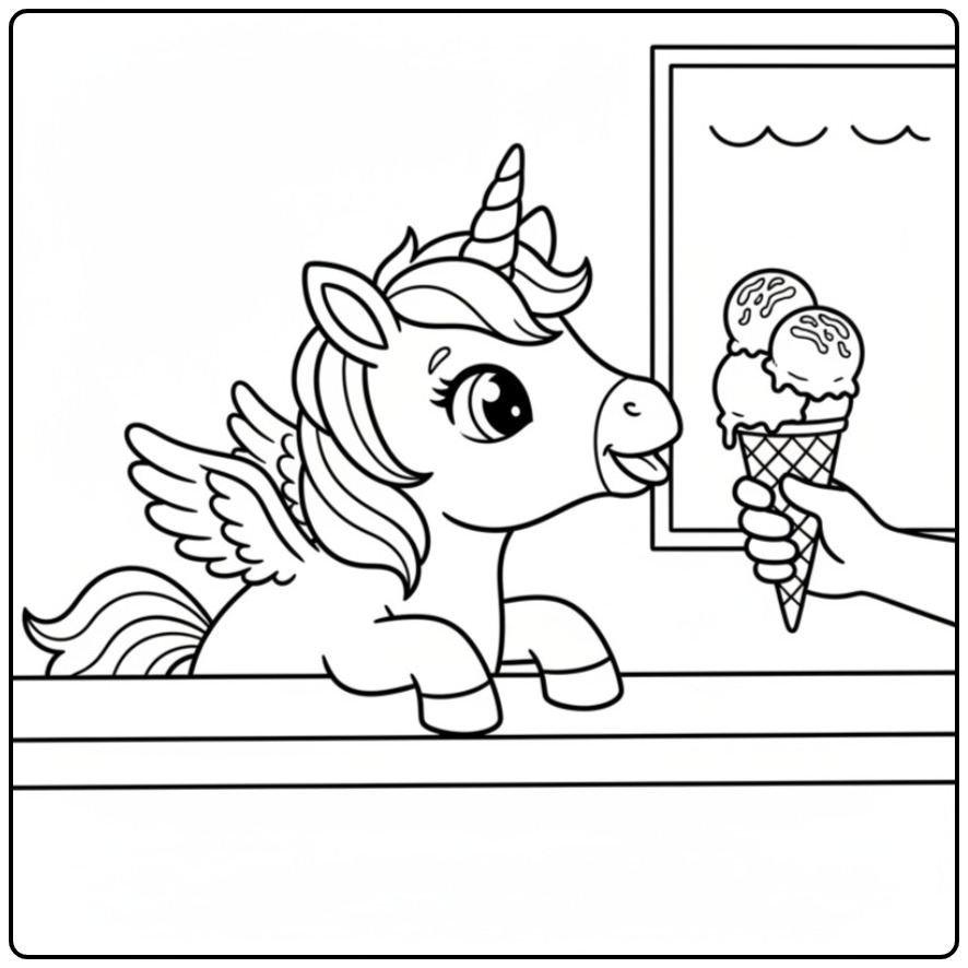 Dessin de coloriage glace licorne mignon avec un cornet. Amusant!