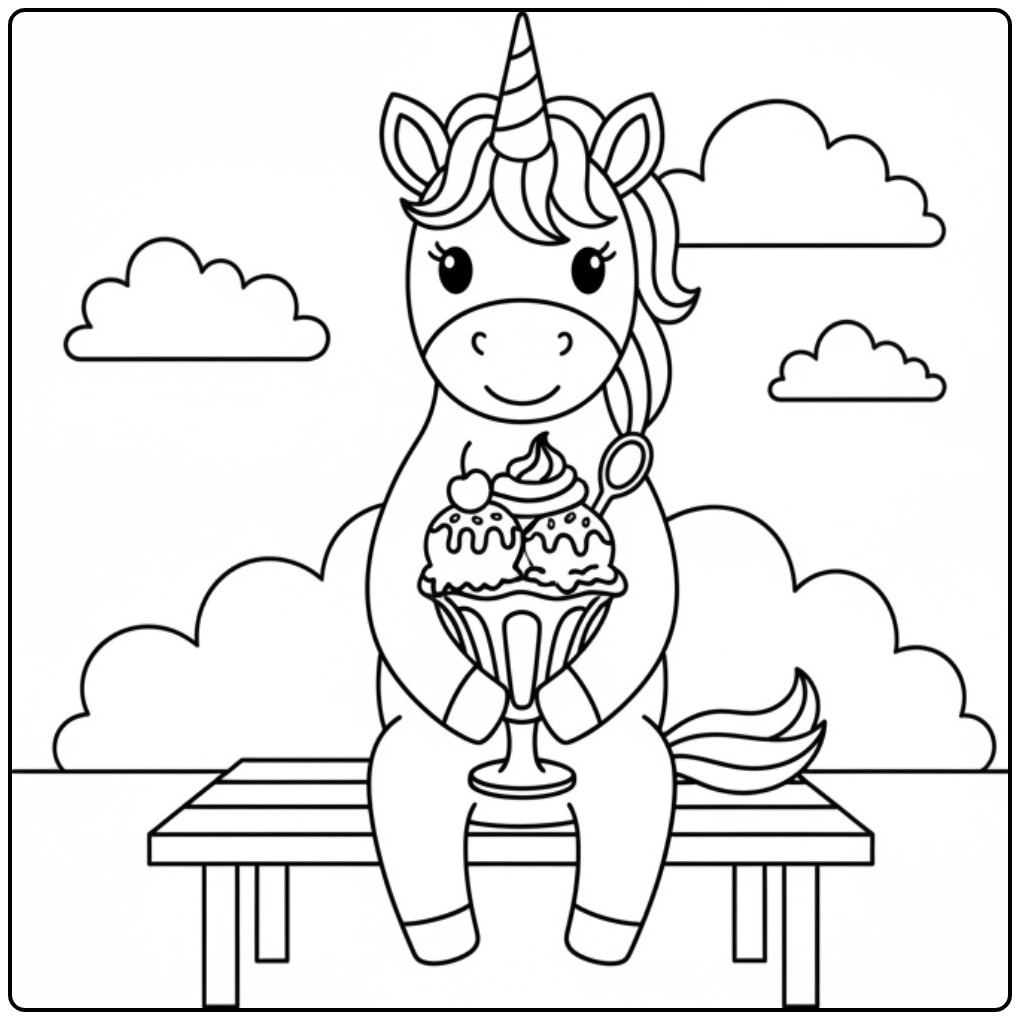 Image de coloriage glace licorne assise avec une coupe de glace.