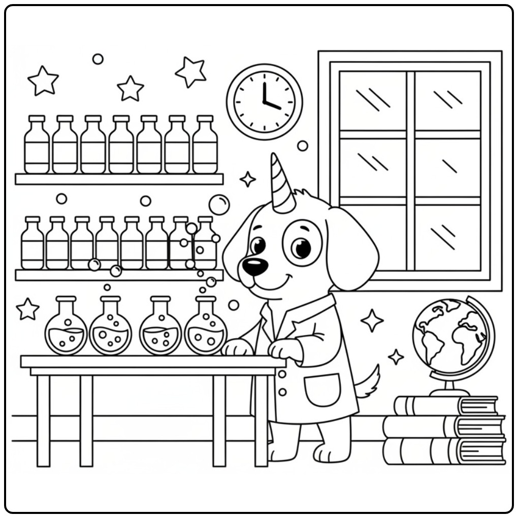 Coloriage chien licorne scientifique explorant la chimie amusante.