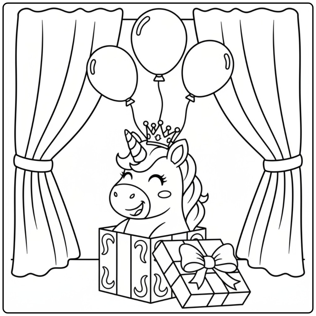 Coloriage licorne anniversaire, une licorne sort d'un grand cadeau
