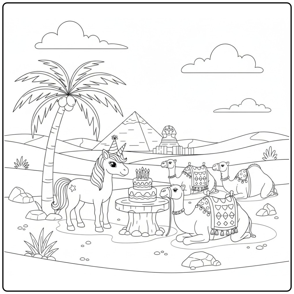 Coloriage licorne anniversaire dans le désert, fête avec chameaux.