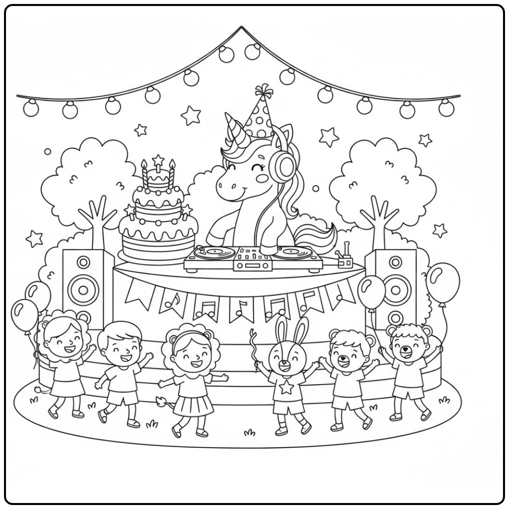 Coloriage licorne anniversaire, DJ et amis font la fête