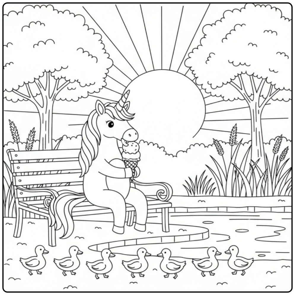 Image de coloriage glace licorne assise sur un banc.