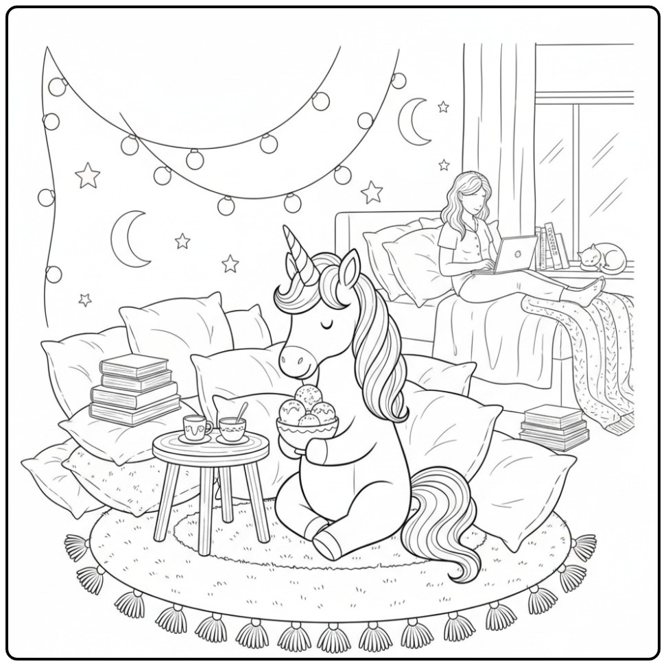 Dessin licorne mangeant glace. Coloriage glace licorne magique !