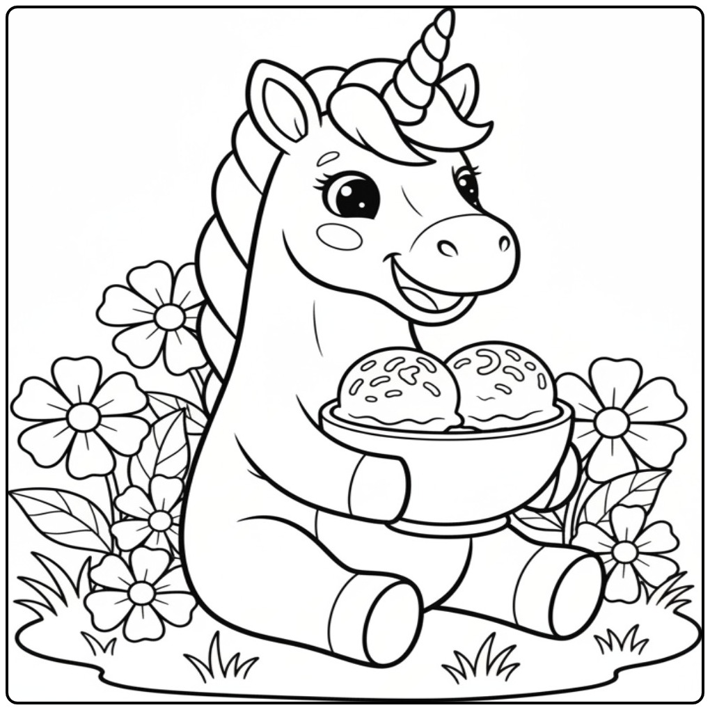 Dessin licorne mangeant sa glace. Coloriage glace licorne facile!
