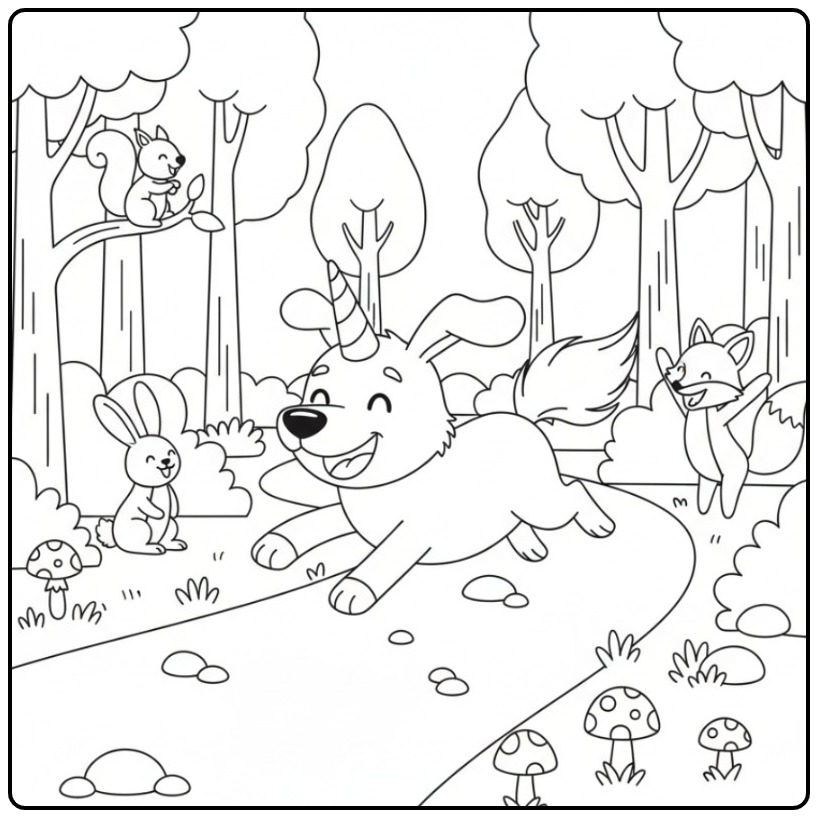 Un joyeux coloriage chien licorne courant dans une forêt magique.