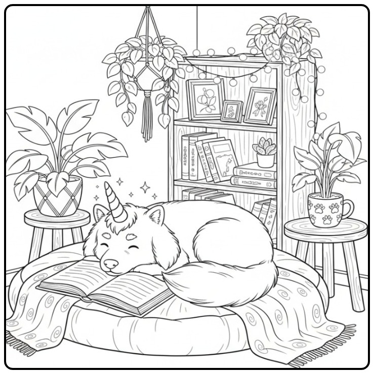 Un mignon coloriage chien licorne endormi sur un livre ouvert.