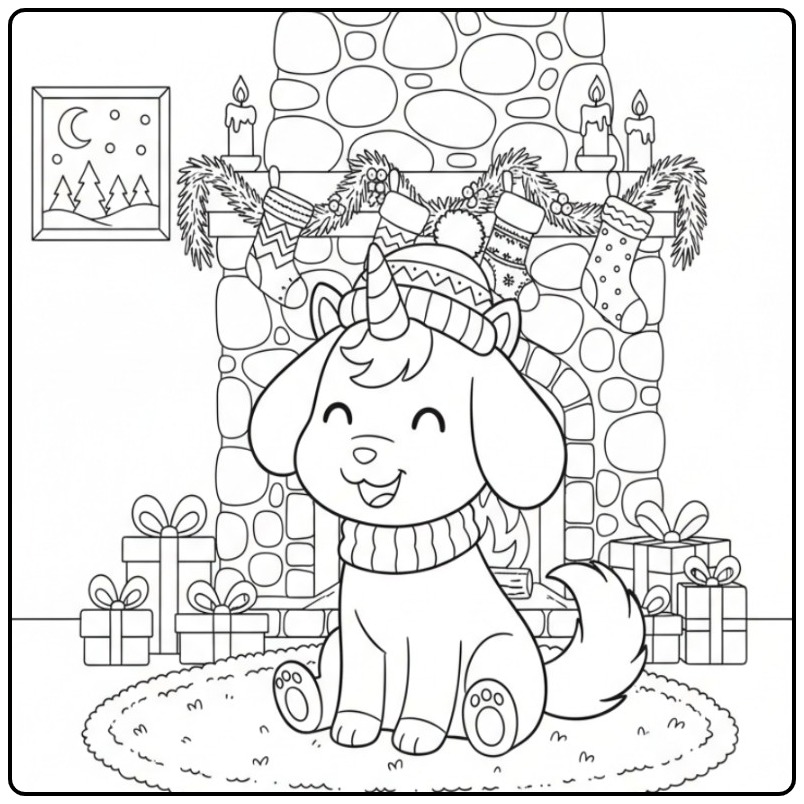 Coloriage chien licorne de Noël, un chiot festif devant la cheminée.
