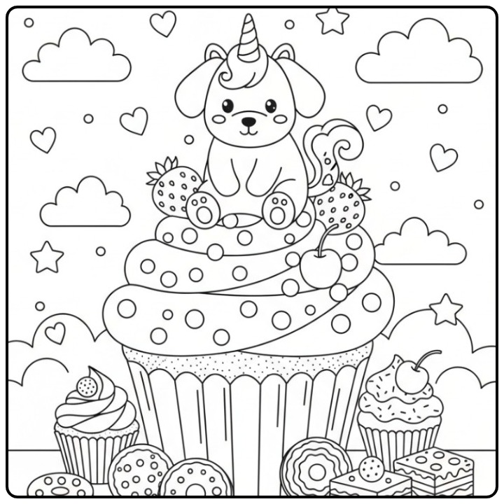 Coloriage chien licorne et bonbons sur un cupcake géant.