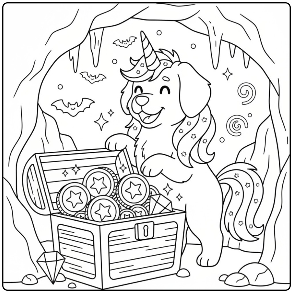 Un joyeux coloriage chien licorne dans une grotte au trésor.