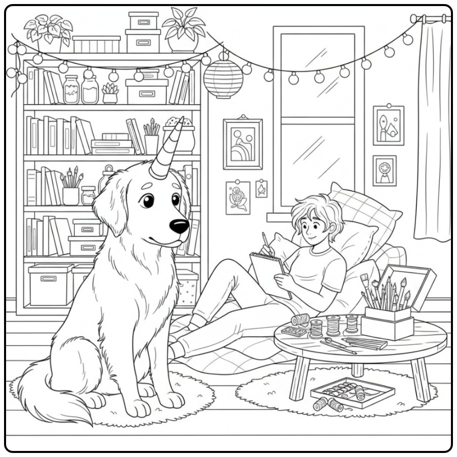 Dessin d'un artiste et son adorable coloriage chien licorne.