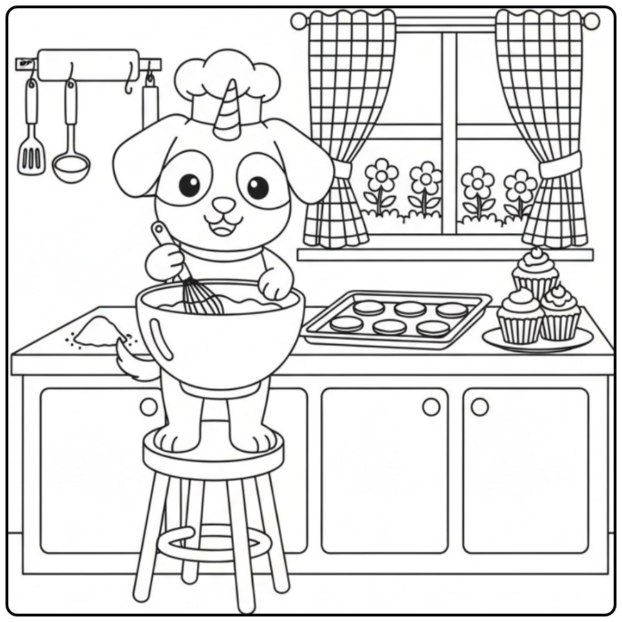 Un joli coloriage chien licorne qui cuisine dans sa cuisine.