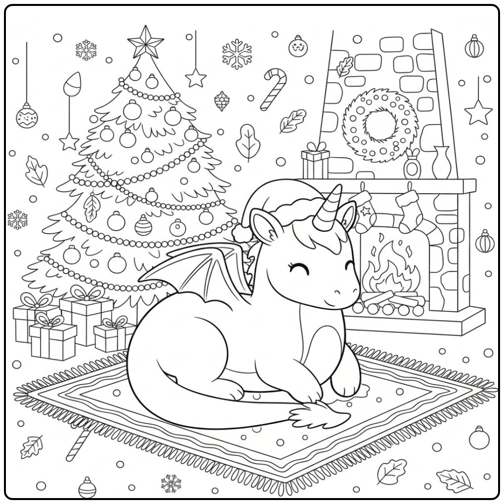 Scène festive avec un Coloriage de Noël dragon licorne.