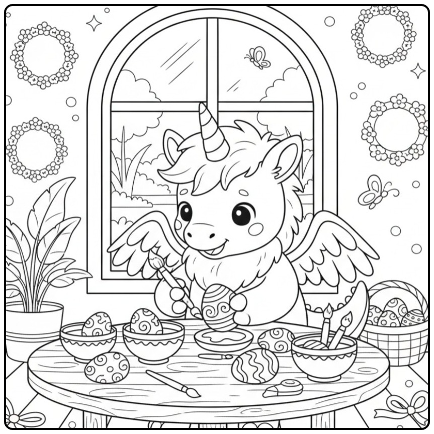 Un mignon Coloriage de Pâques dragon licorne peignant des œufs.