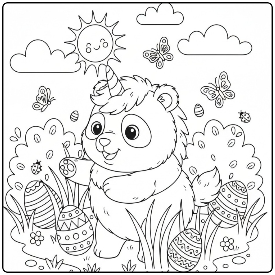 Joyeux Coloriage de Pâques panda licorne avec des oeufs.