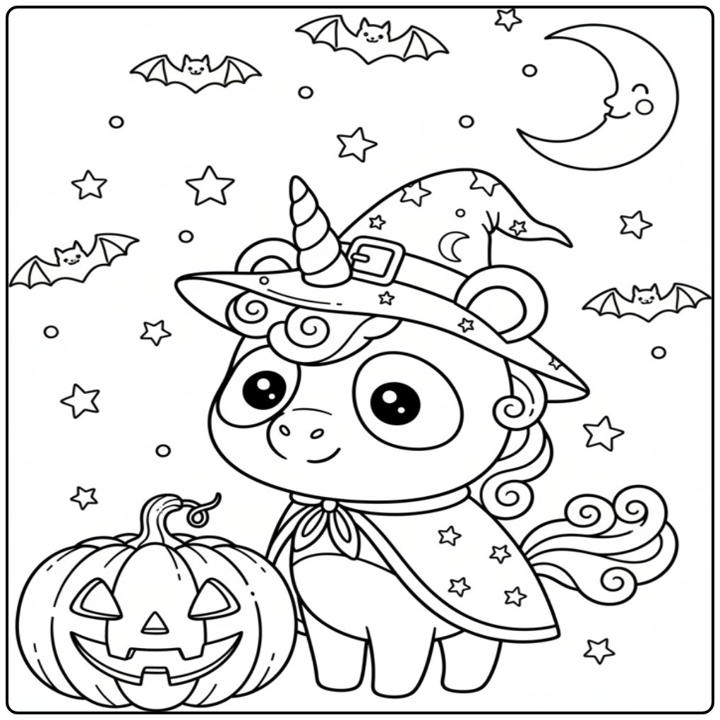 Joli Coloriage d’Halloween panda licorne et sa citrouille.