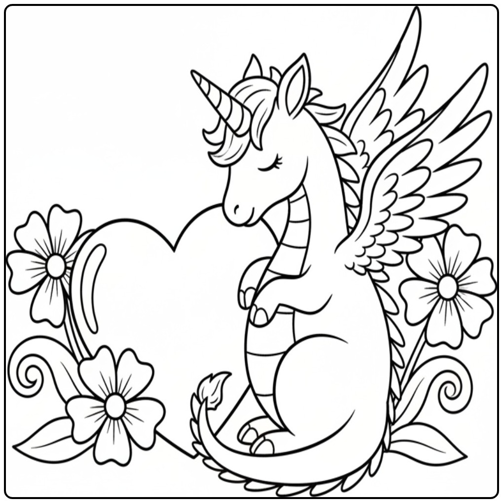 Un mignon coloriage dragon licorne avec un grand cœur et des fleurs.