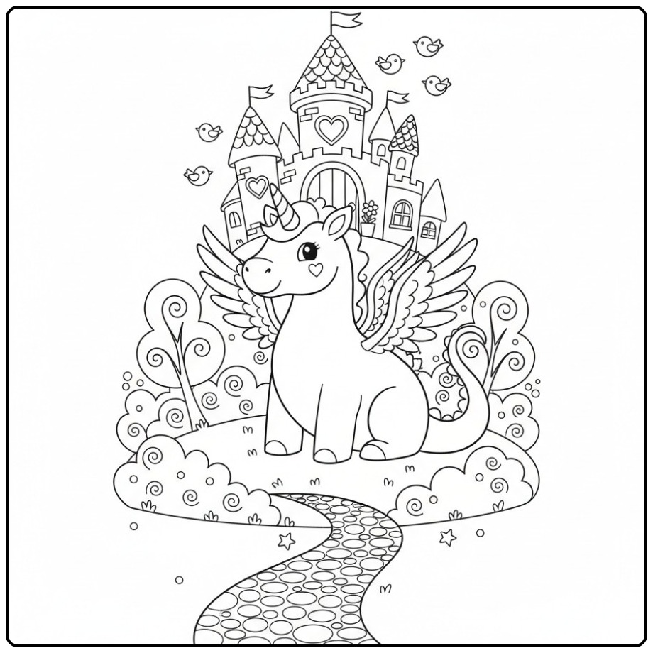 Dessin simple pour Coloriage dragon licorne et château de fées.
