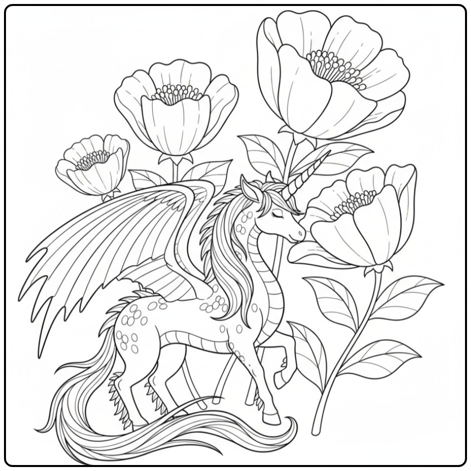 Un majestueux coloriage dragon licorne au milieu de fleurs.