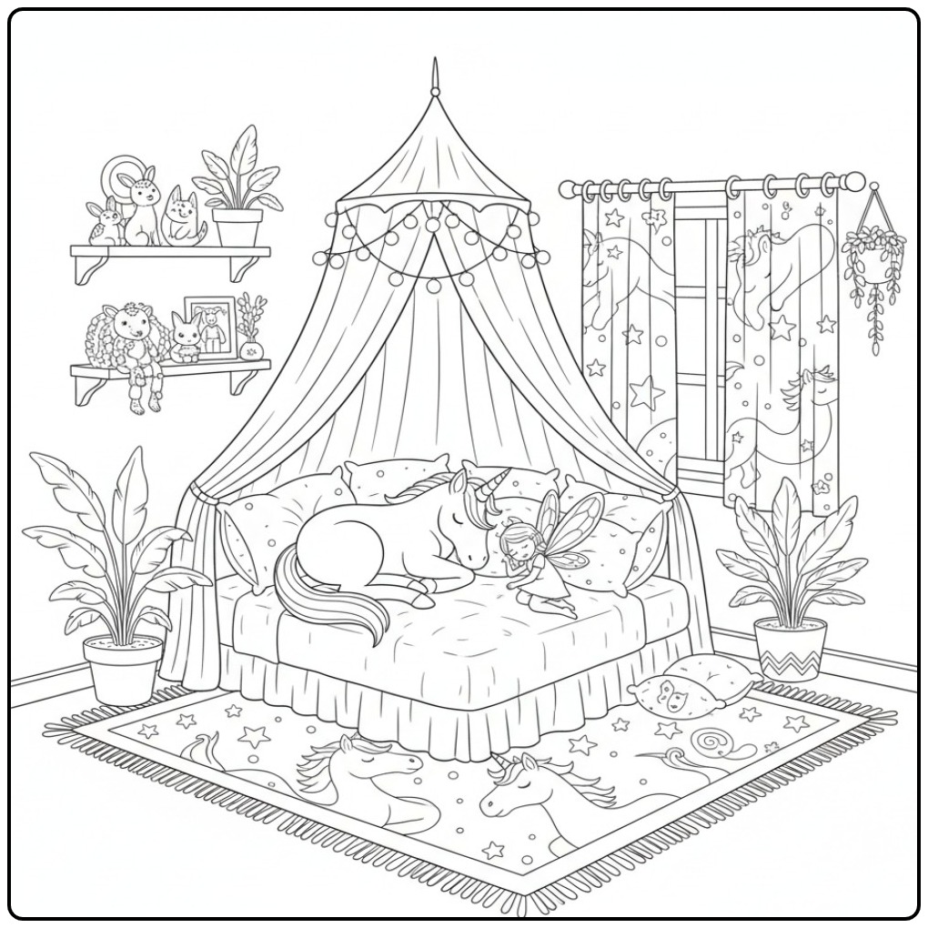 Joli coloriage fée licorne endormies dans une chambre magique.