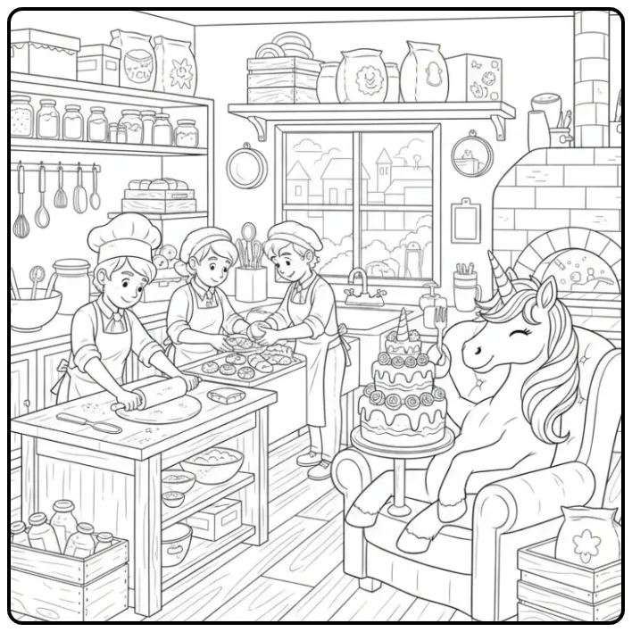 Scène de boulangerie pour un coloriage gateau licorne magique.