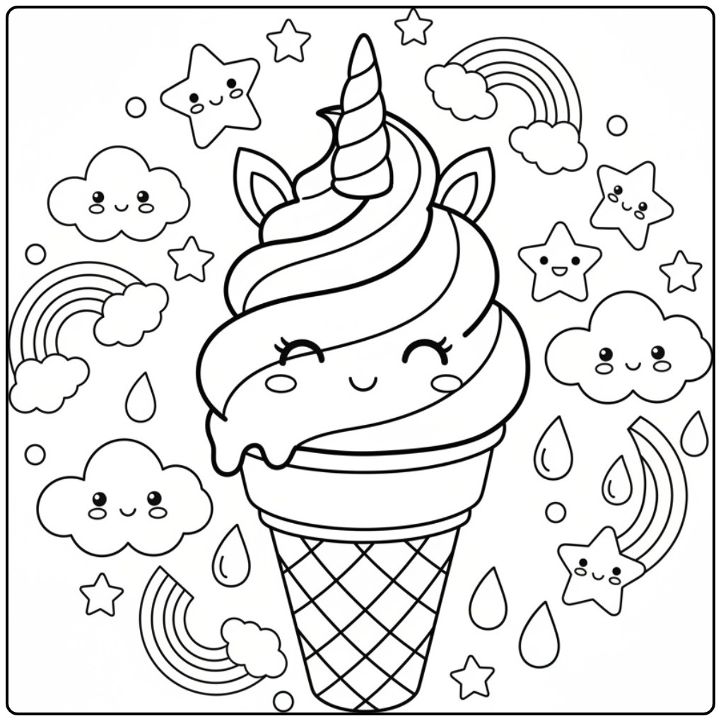 Joli Coloriage glace licorne arc-en-ciel avec des étoiles.