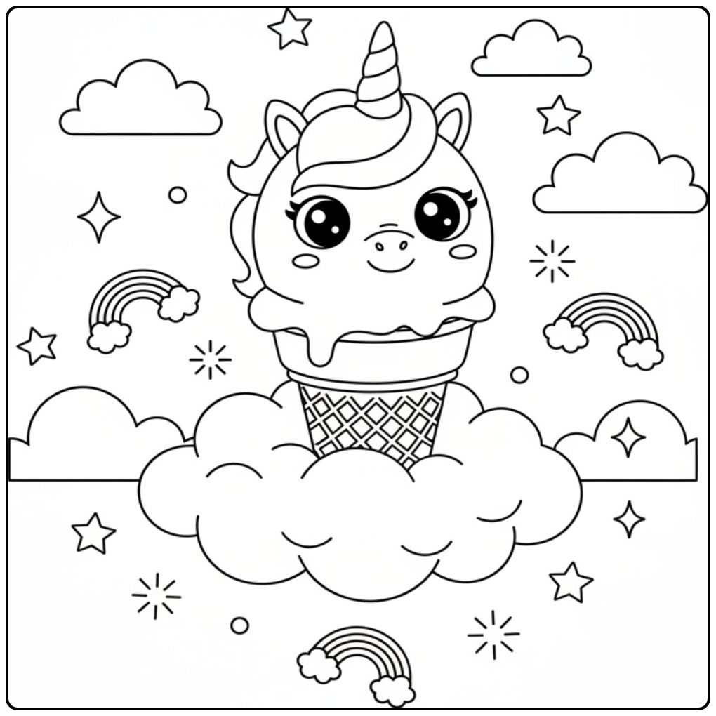 Jolie page de Coloriage glace licorne arc-en-ciel à imprimer.