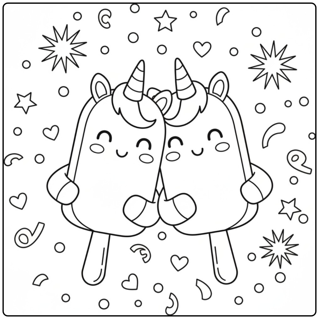 Joli Coloriage glace licorne bâtonnet avec des coeurs et étoiles.