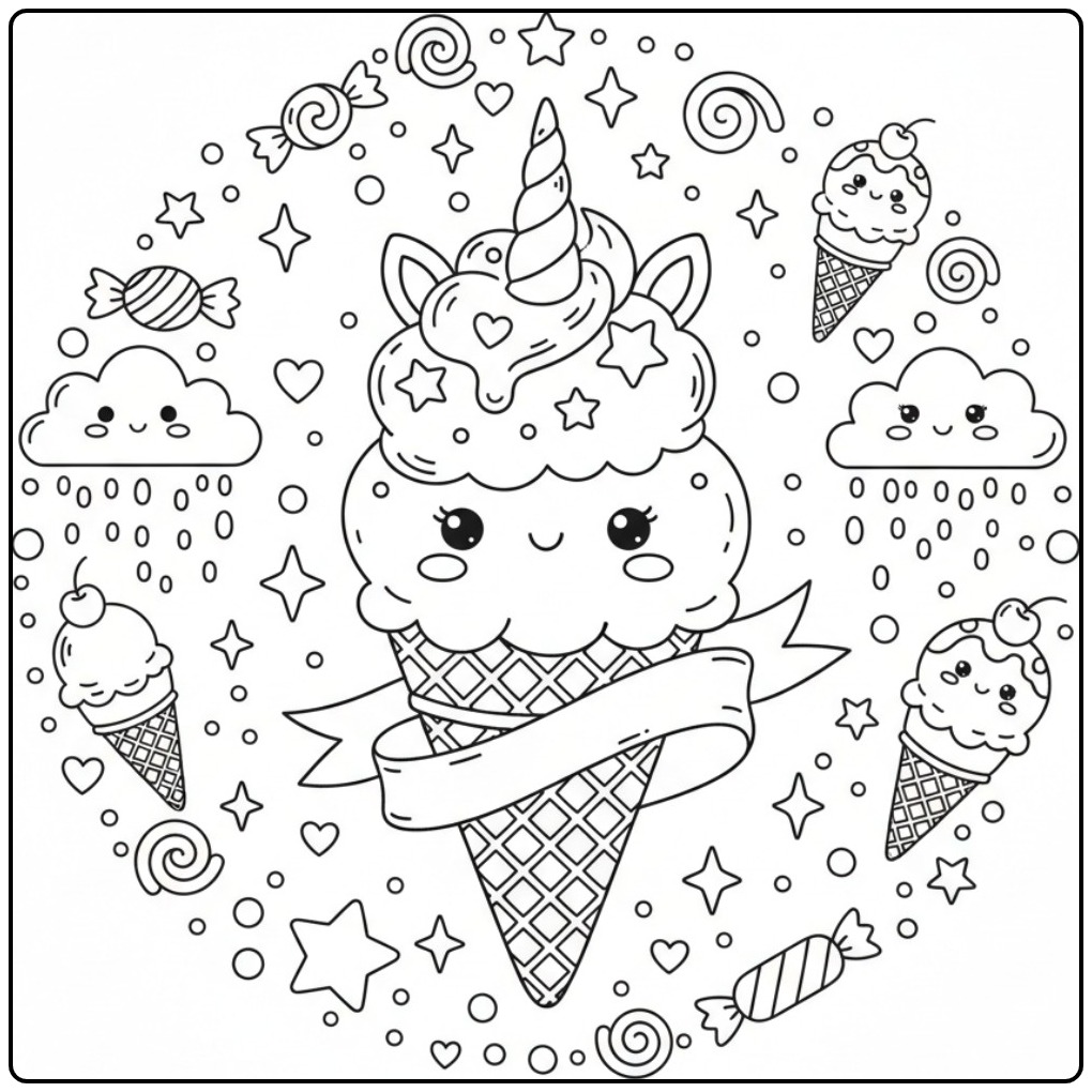 Dessin kawaii avec un Coloriage glace licorne en cornet magique.