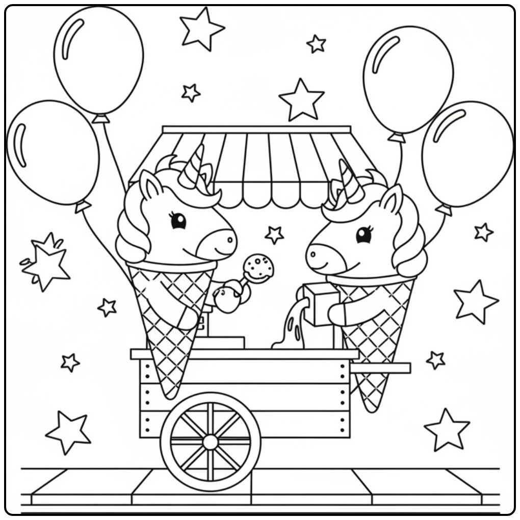 Un joyeux coloriage glace licorne avec un chariot de marchand.