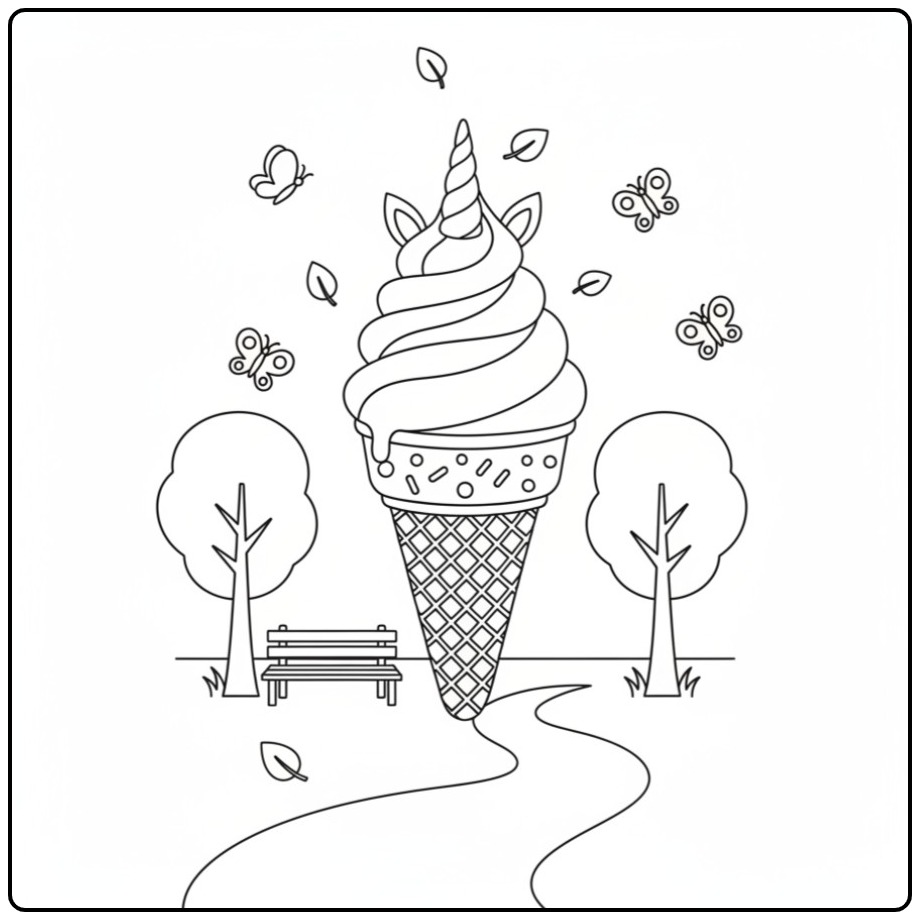 Un joli coloriage glace licorne dans un parc avec papillons.