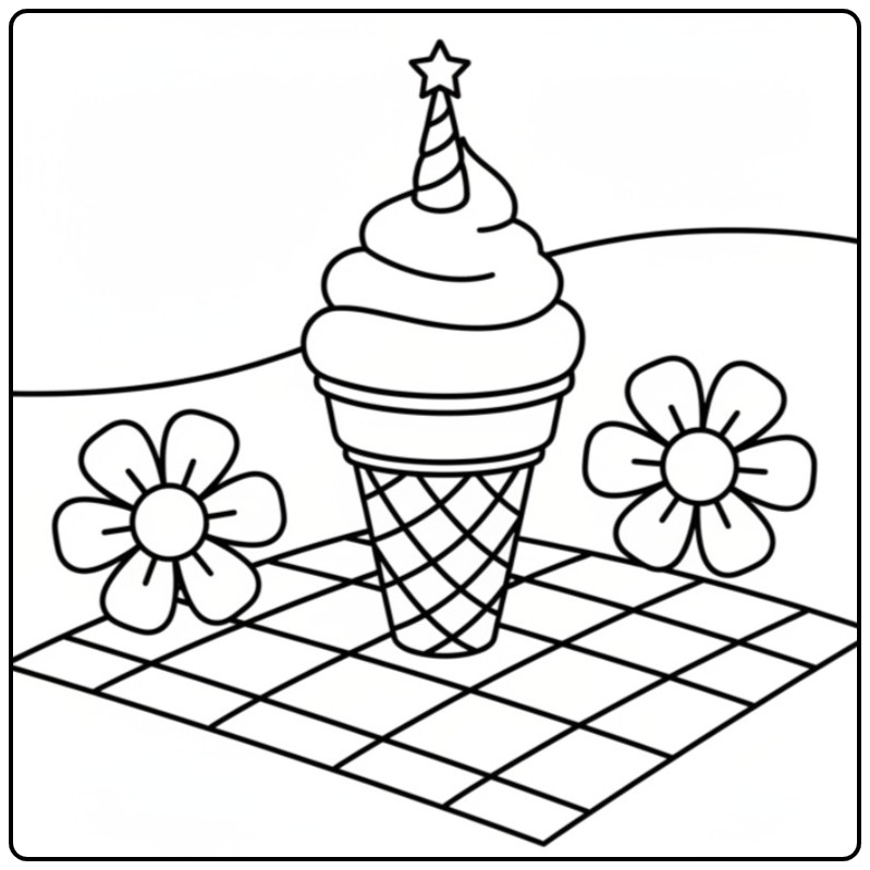 Un joli coloriage glace licorne posé sur une nappe à carreaux.