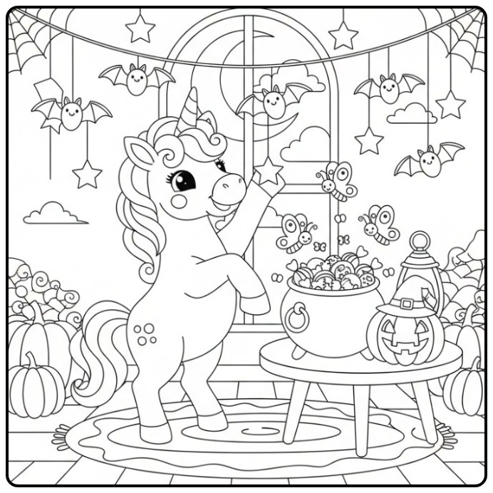 Coloriage Halloween licorne papillon avec un chaudron magique.