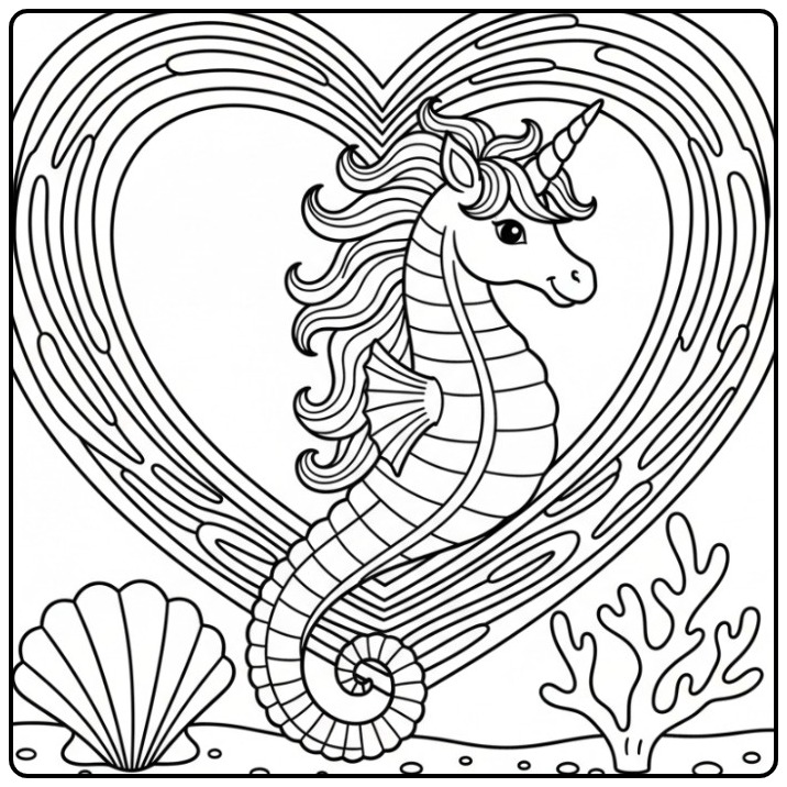 Joli coloriage hippocampe licorne dans un coeur sous l'océan.