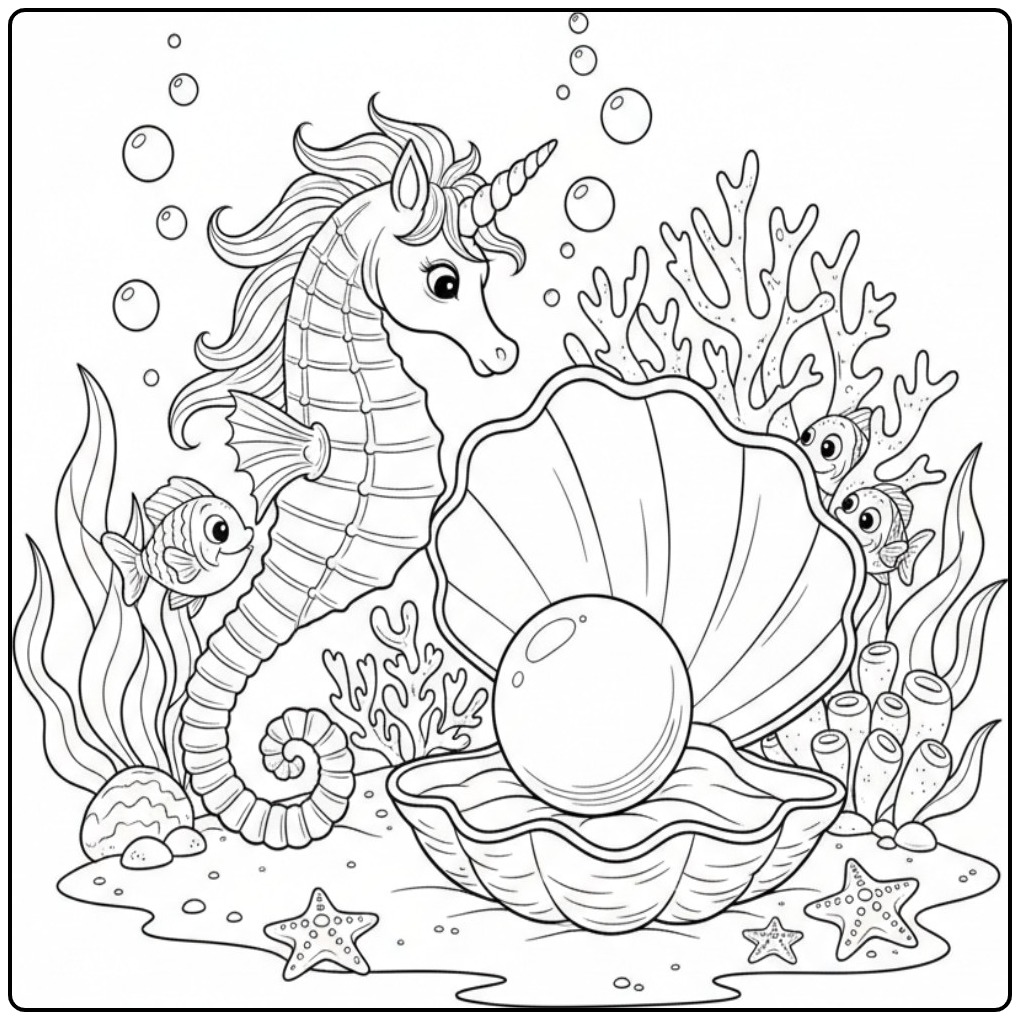 Un joli coloriage hippocampe licorne près d'une perle géante.