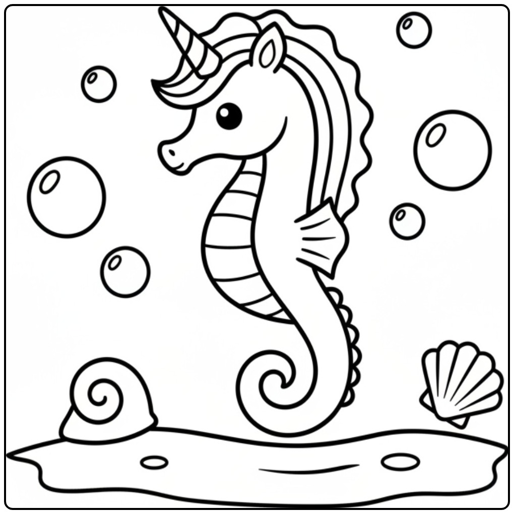 Un joli coloriage hippocampe licorne nageant avec des bulles.