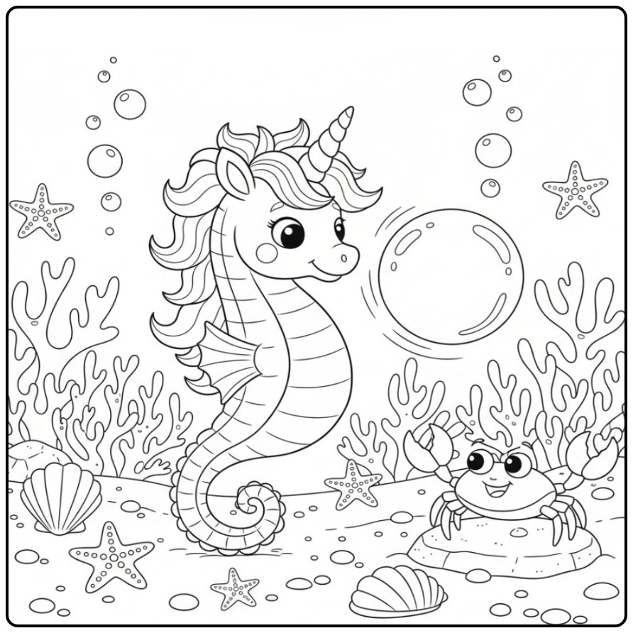 Un Coloriage hippocampe licorne mignon et son ami le crabe.