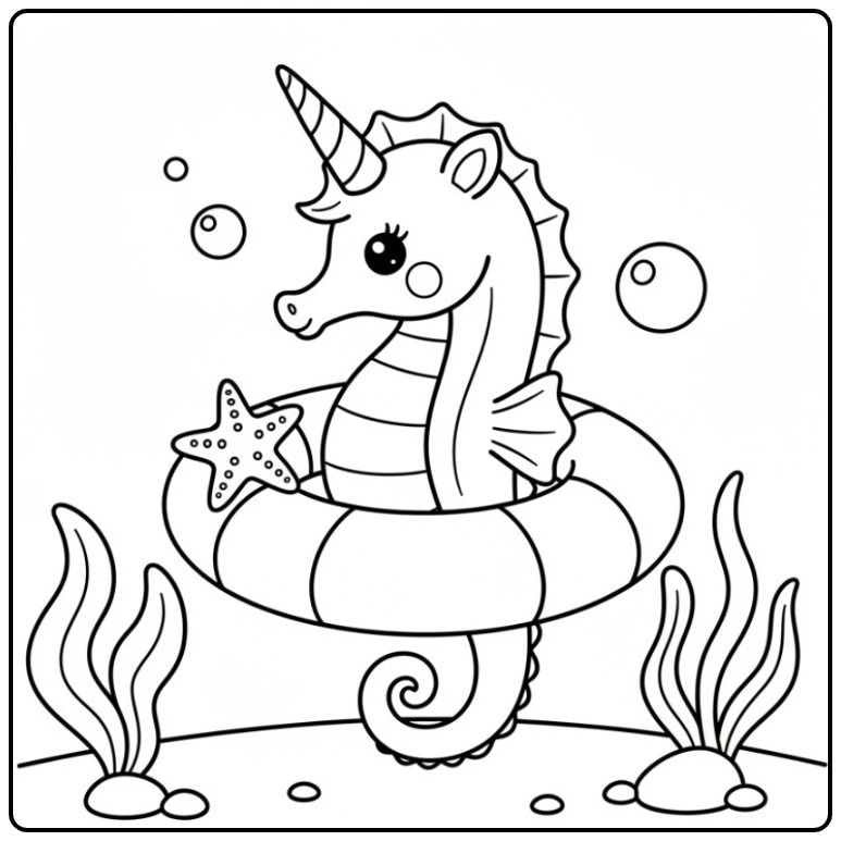 Un mignon dessin de coloriage hippocampe licorne avec une bouée.